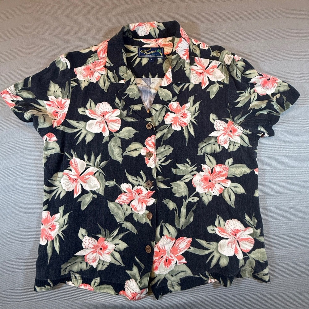 Island Traders Womens Tropical Floral Rayon Camp Shirt Black Hibiscus Large 2414